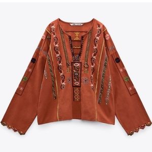 ZARA Boho Beaded/Embroidered Balloon Sleeve Top